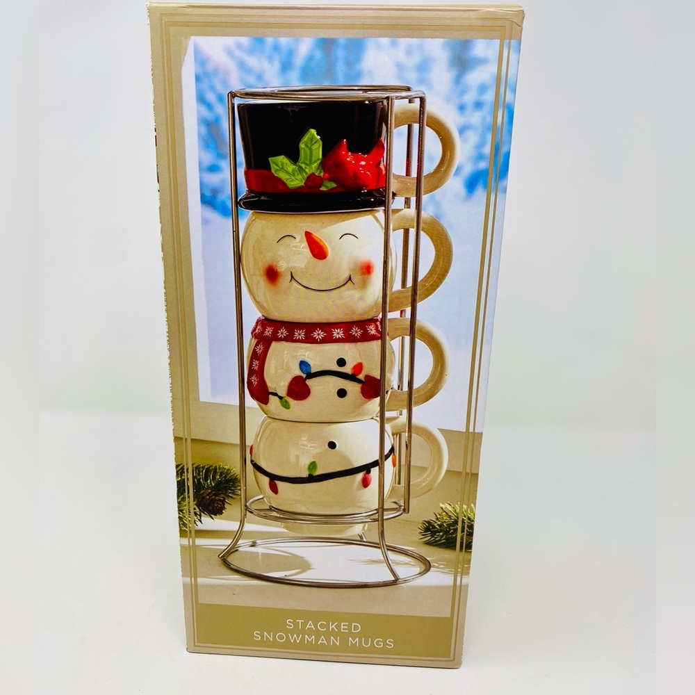 Stacked Snowman Mugs Set - Festive White and Red